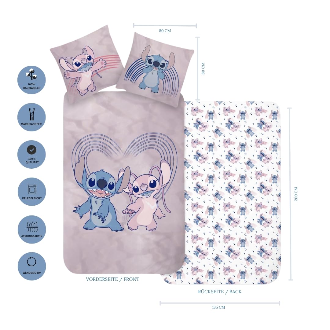 MTOnlinehandel Stitch Bettwäsche Bettbezug 135x200 80x80 Biber Baumwolle · Kinderbettwäsche Teenagerbettwäsche Valentinstag Love Stitch & Lilo Biber Geschenk · 2 teilig (Flanell)