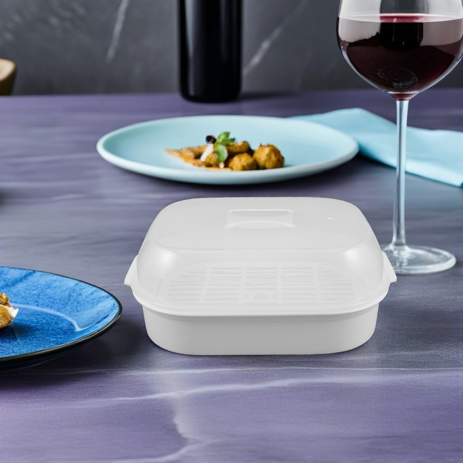 2 pezzi Vaporiera per Microonde con Coperchio Trasparente e Manico Contenitore per Verdure e Pesce in Plastica Alimentare Resistente al Calore Scatola per Conservazione Alimenti e