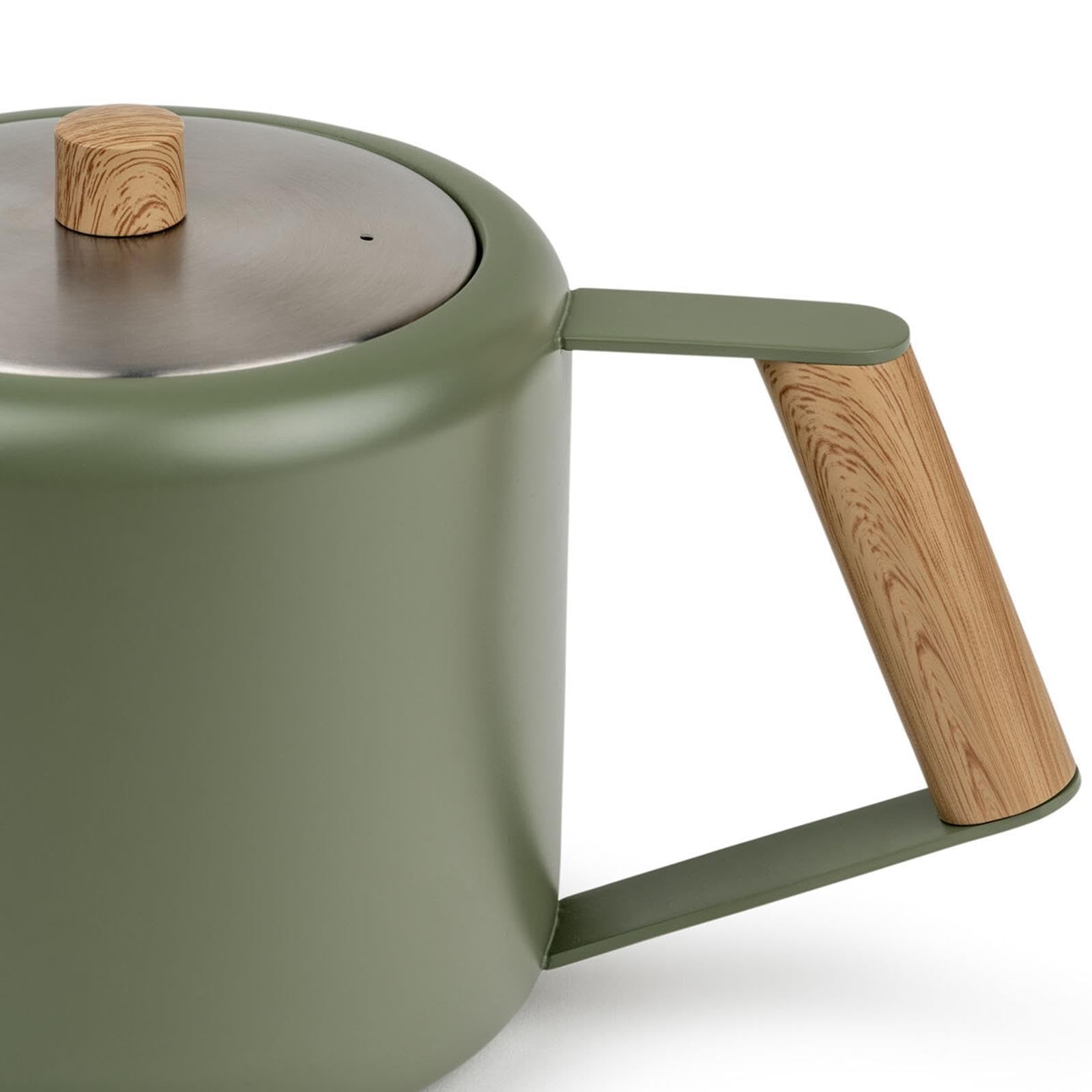 Bredemeijer grüne doppelwandige Teekanne 1.1 Liter aus Edelstahl - große isolierende Edelstahlkanne mit Teefilter-Sieb-Aufsatz & schwarzem Holzuntersetzer
