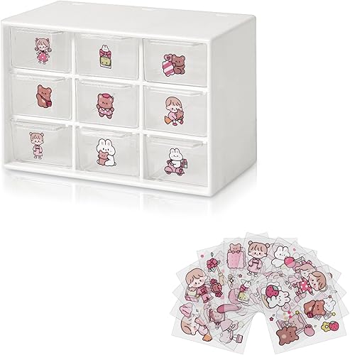Mini organizador de almacenamiento de plástico y bonitas calcomanías, mini organizador de cajones con 9 fundas de manualidades, organizador de