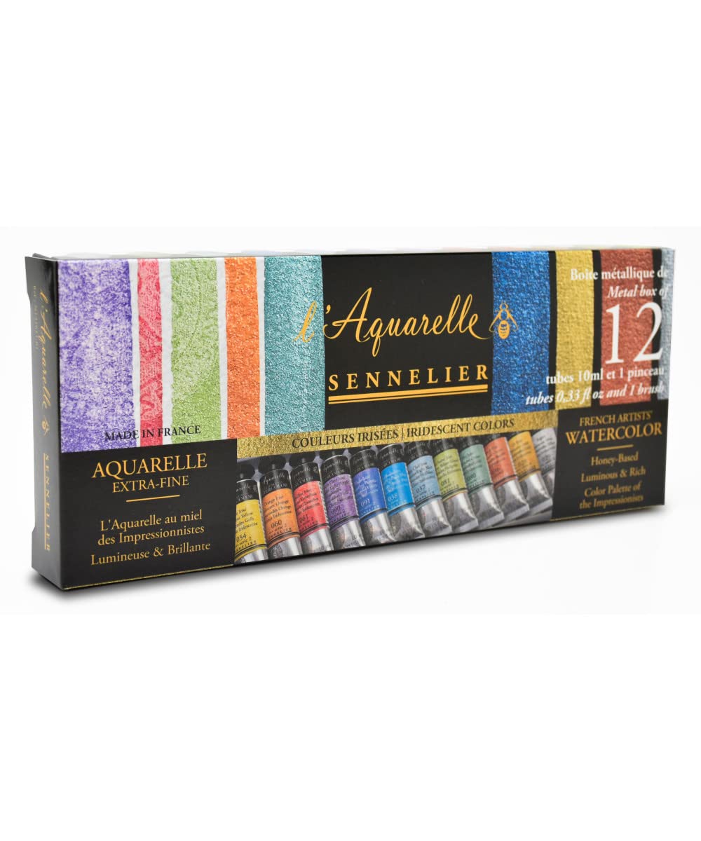 Sennelier l'Aquarelle Irisierende Farben, 12 Tuben á 10ml und Pinsel im Metallkasten