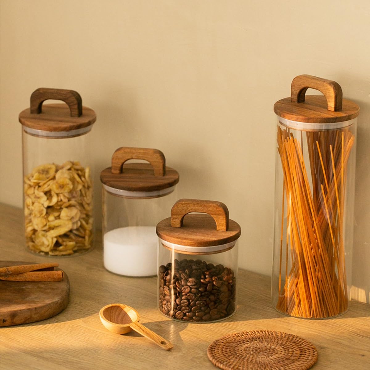 GIZNXBA Juego De 5 Botes Cocina Almacenaje Cristal Botes Cocina Hermeticos Contenedores Para Conservar Dulces, Galletas, Pastas, Frutos Secos, Harina De Avena
