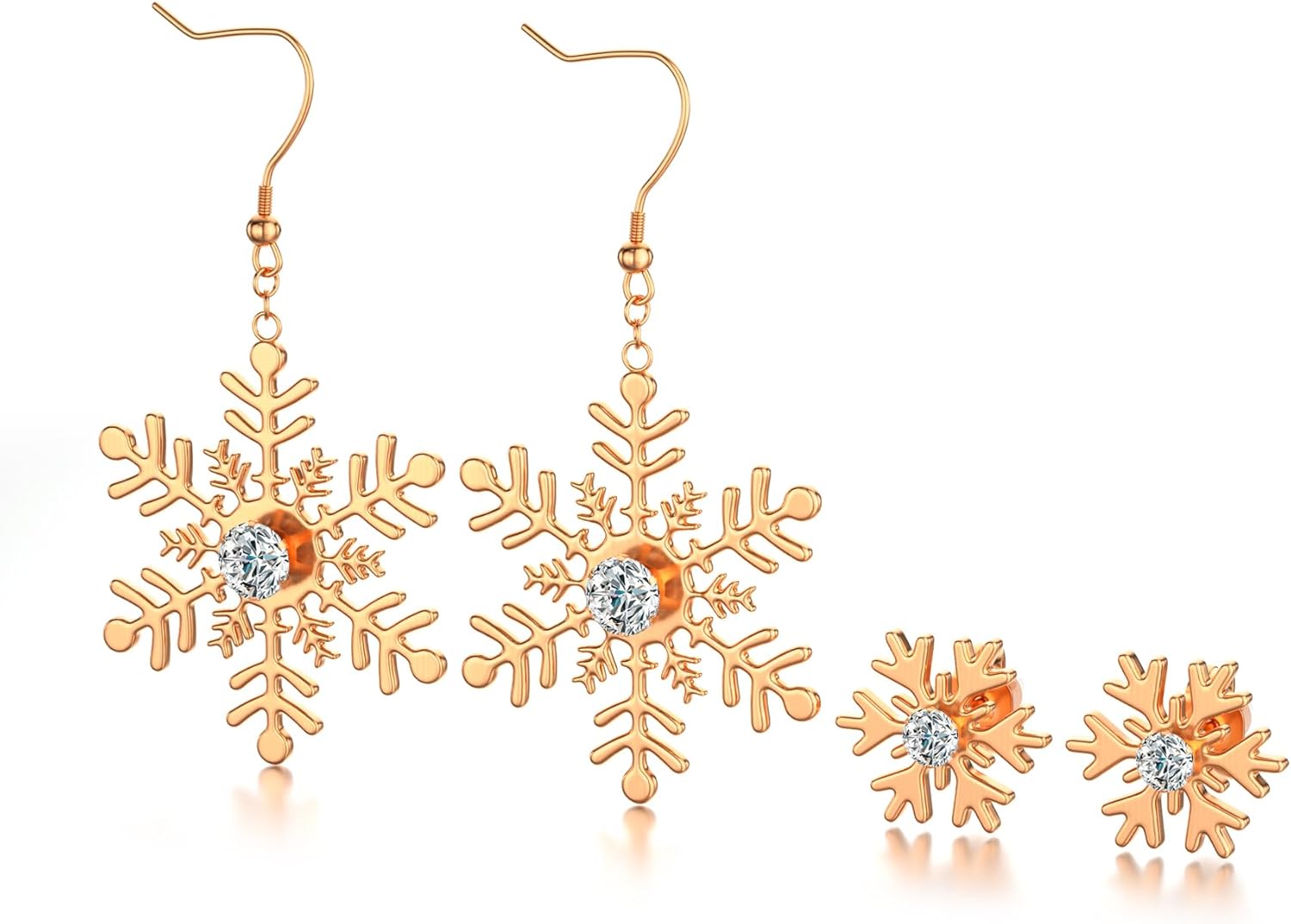 2 Pairs Cubic Zirconia Snowflake Stud Earrings, Fashionable Snowflake Earrings Dangle, Made with 316L Hypoallergenic Surgical Steel, Perfect Christmas Jewelry Gift for Women, Sexy and Elegant