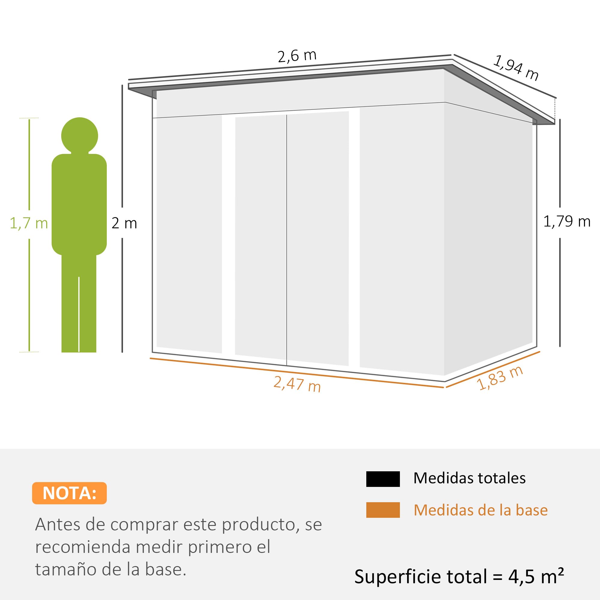 Outsunny Cobertizo de Jardín Exterior Metálica 4,5 m² 260x194x200cm Gris | Caseta de Jardín Exterior, Paneles Frontales Transparentes, 2 Puertas Corredizas, Almacenamiento de Herramientas