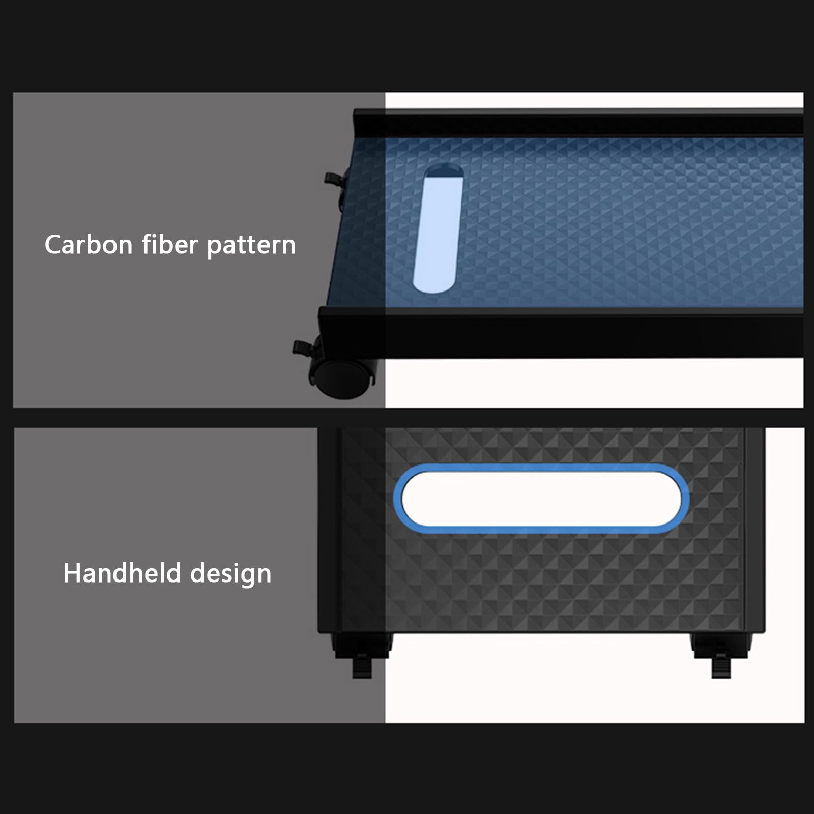Carrito ajustable para computadora con asa fácil de transportar, textura de fibras de carbono, base de soporte móvil para torre de computadora