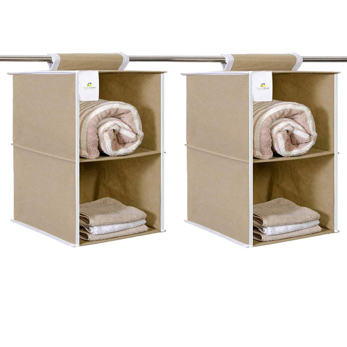 HomeStrap Non Woven Fabric Hanging 2 Shelf/Compartment Clothes Storage Wardrobe Organizer - (Beige)|(Pack of 2)(Seen On Shark Tank)