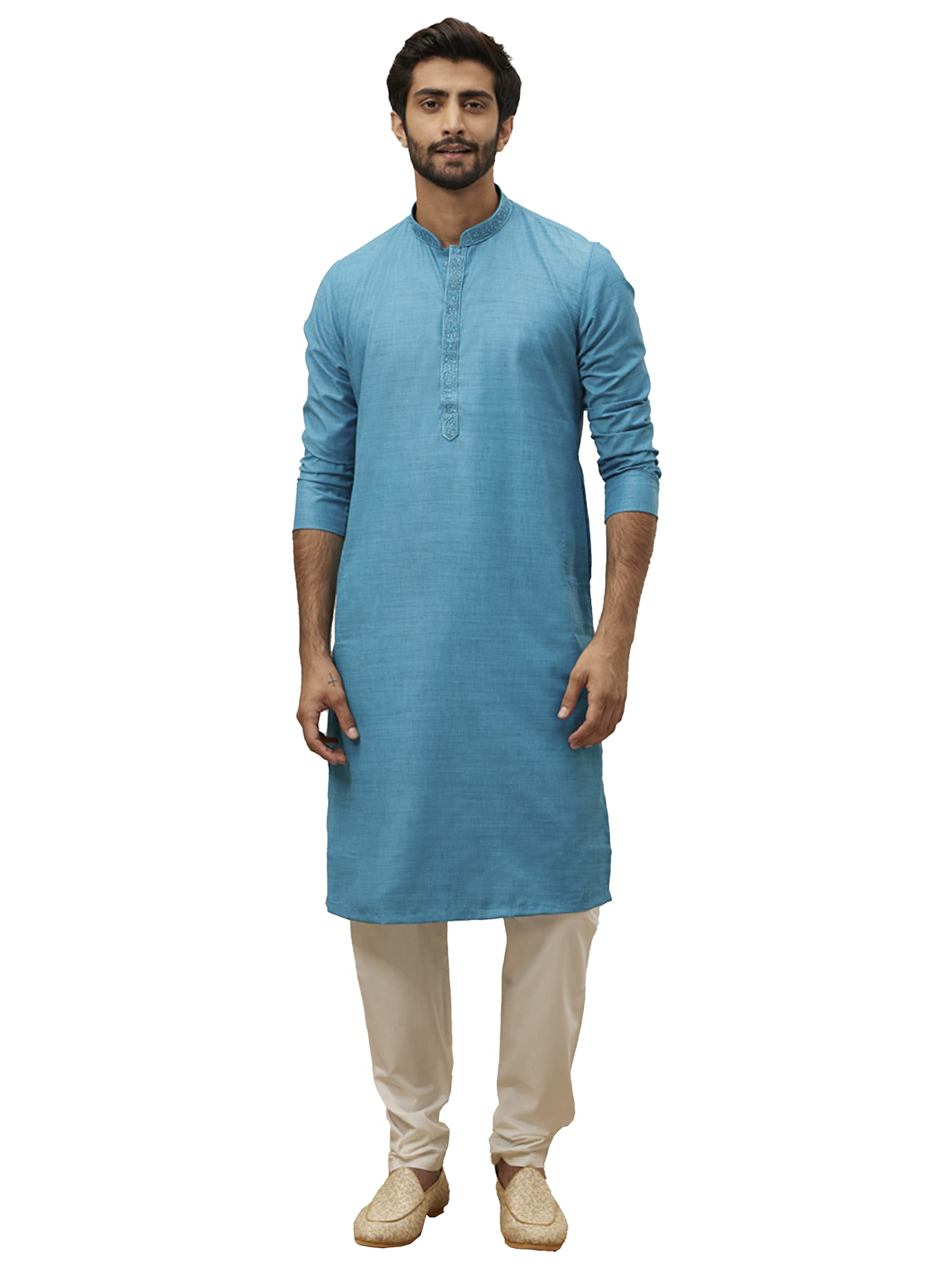 U.S. Polo Assn. Kurta Set For Men, Full Sleeves Mandarin Collar Ethnic Kurta & Payjama Set Art Silk All Over Self Design Set (BLUE - 2, M) in blue