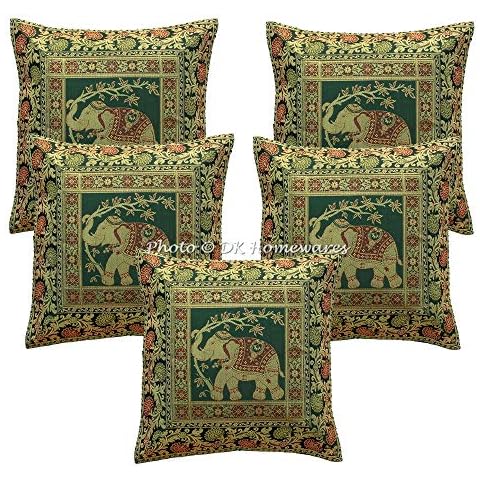 DK Homewares Brocade Indian Green Couch Cushion Covers 16 x 16 Inch Brocade Jacquard Elephant Paisley Square Throw Pillow Covers 40x40 cm Home Decor Set Of 5 Cover