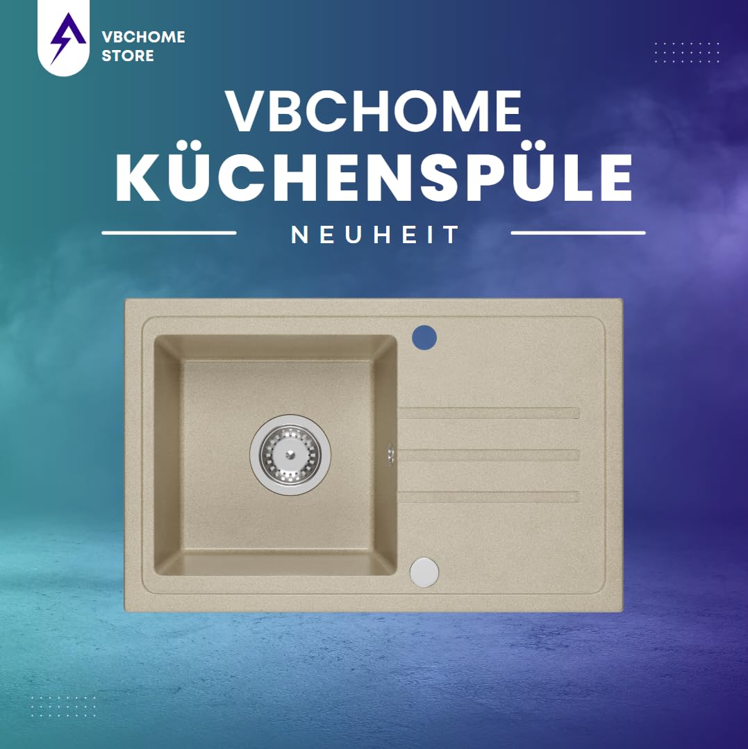 VBChome Fregadero de granito beige con grifo, 70 x 44 cm, empotrable, reversible, de granito, con caño extraíble, acero inoxidable