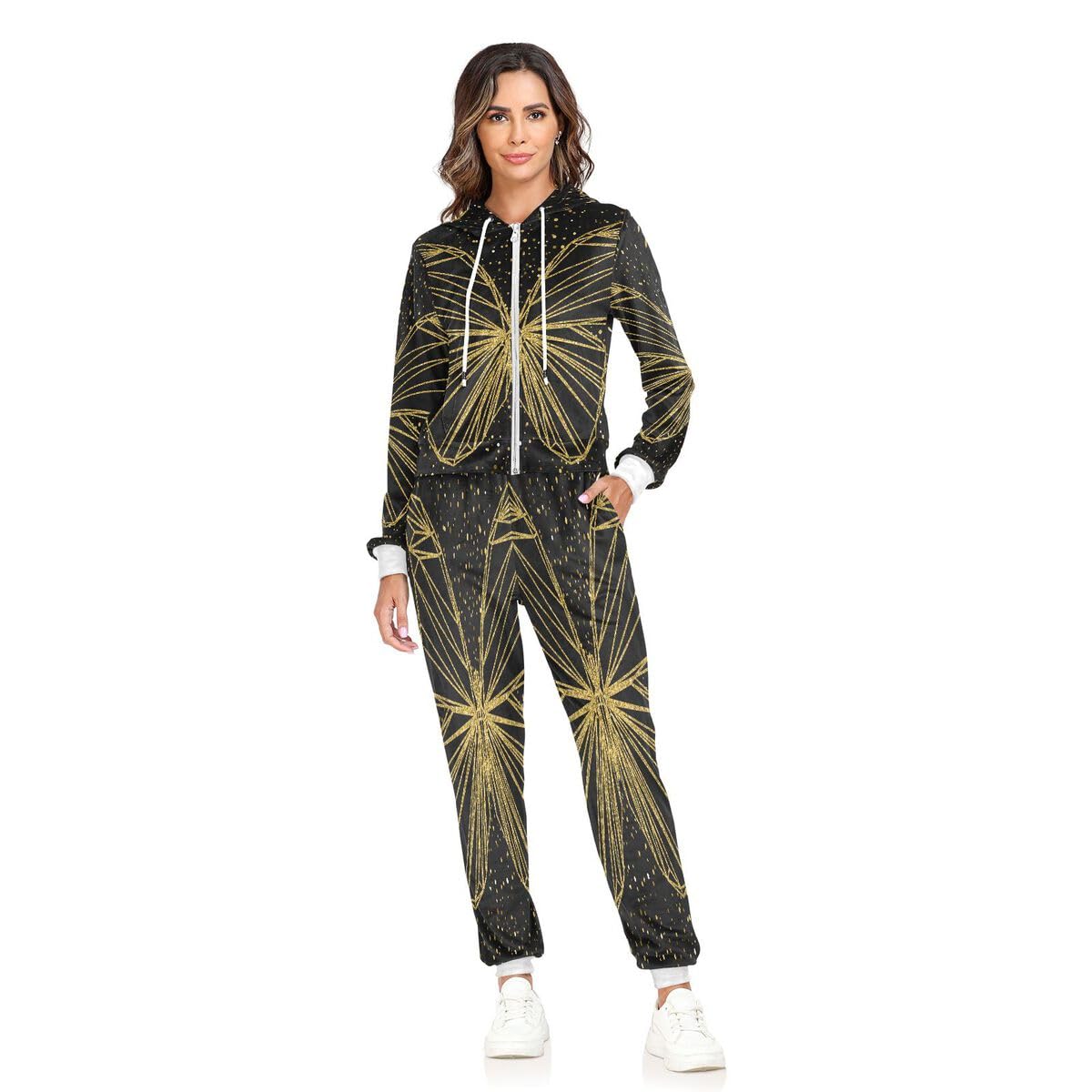 Conjunto deportivo de 2 piezas para mujer, diseño abstracto de mariposa dorada, conjunto deportivo de manga larga con estampado de animales