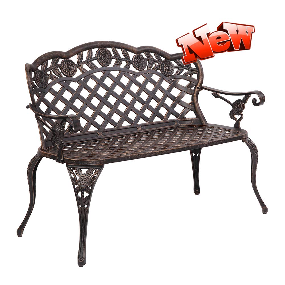 DANGRUUT Best Outdoor Metal Garden Bench, 42.5" Durable Aluminium Park Rose Bench, Antique Finish Chair 2-Person Seat for Patio Yard Deck Furniture, Load Capacity 530lbs, Bronze