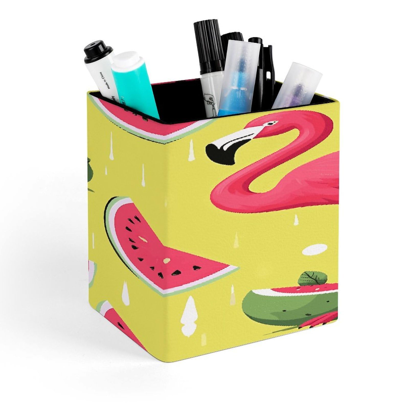 FekiLoot Pink Flamingo And Watermelon Pen Holder for Desk Minimalist Leather Pencil Holder Fashion Modern Pencil Cup Decorative Square Pen Cup Locker Organizer for Office Work Locker Accessories