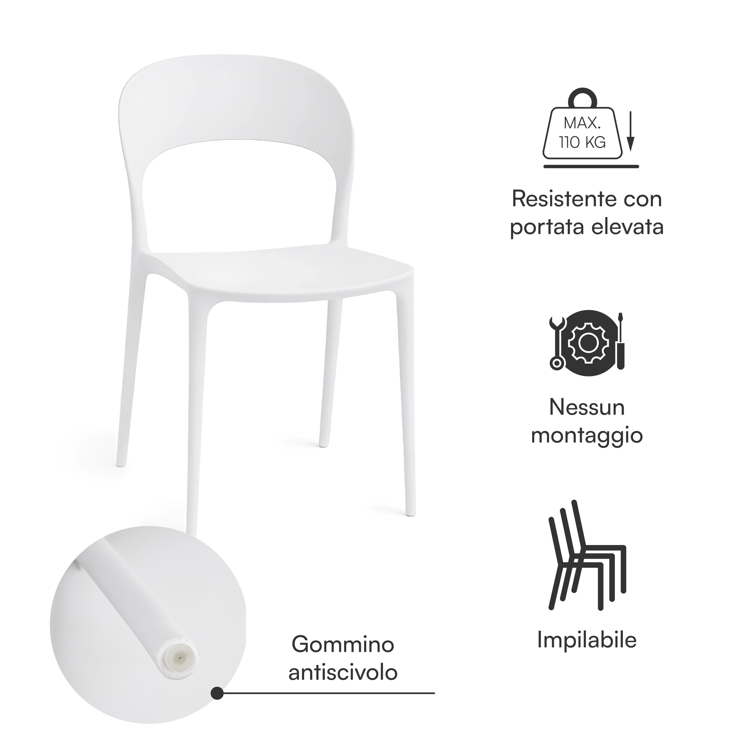 Baroni Home Set 4 Sedie in Plastica Bianca – Impilabili, Senza Montaggio, Facili da Pulire, con Gommini Antiscivolo, per Cucina, Soggiorno, Sala da Pranzo, Esterno 41x38x77 cm Stondata