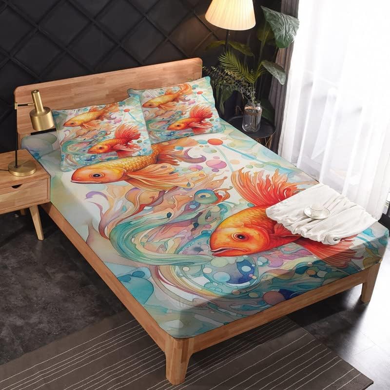 Goldfish Sheets Queen Size - Fish Bed Sheets, Soft Microfiber & Deep Pocket & Wrinkle Free Patterned Bedding Sheets & Pillowcases, 4 Piece (1 Fitted Sheet, 1 Flat Sheet, 2 Pillow Cases)