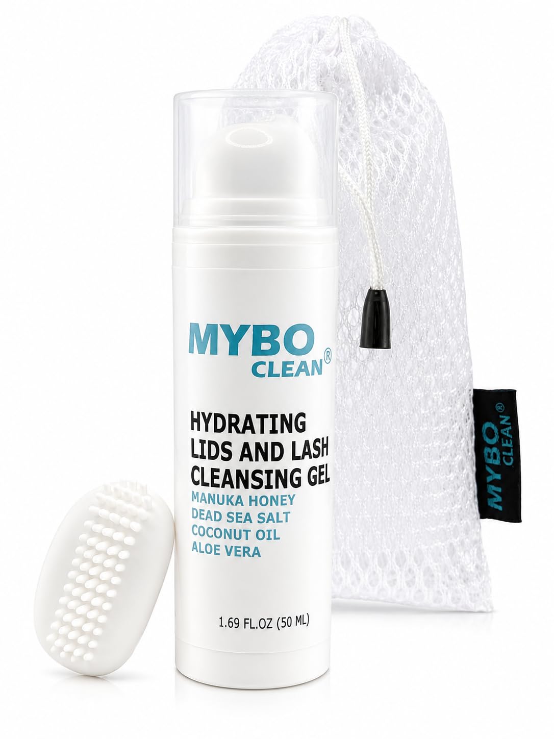 Mybo Clean Eyelid Cleansing Brush for Sensitive Skin (1 Pc) + Hydrating Lids and Lash Cleansing Gel (1Pc) + Travel Bag Ideal for Gentle Cleansing of