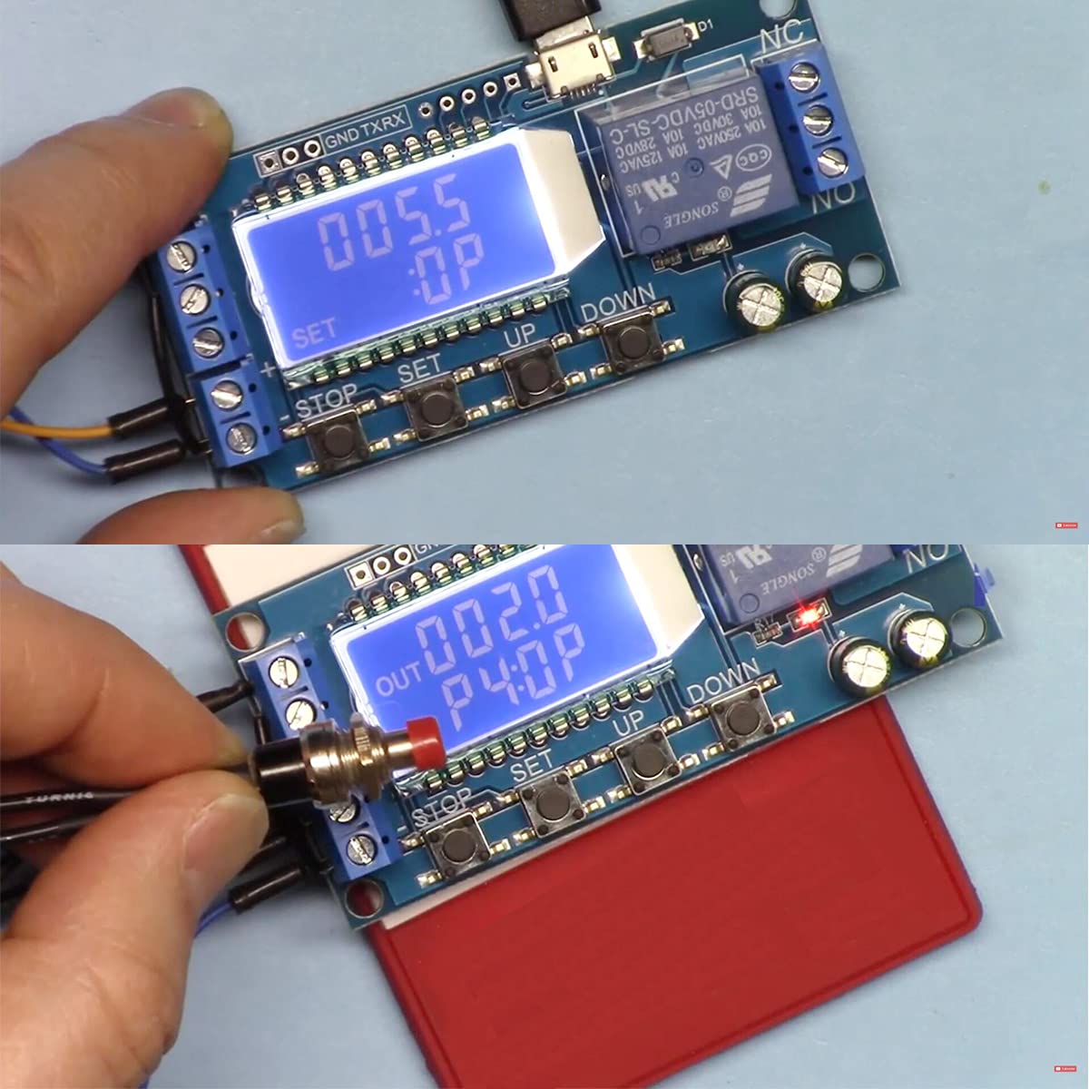 Płyta kontrolera przekaźnika z opóźnieniem czasowym Youmile, moduł przekaźnika USB, płyta kontrolera opóźnienia 6-30V, przełącznik z timer LCD, wsparcie z kablem Micro USB, biała podkładka bazowa