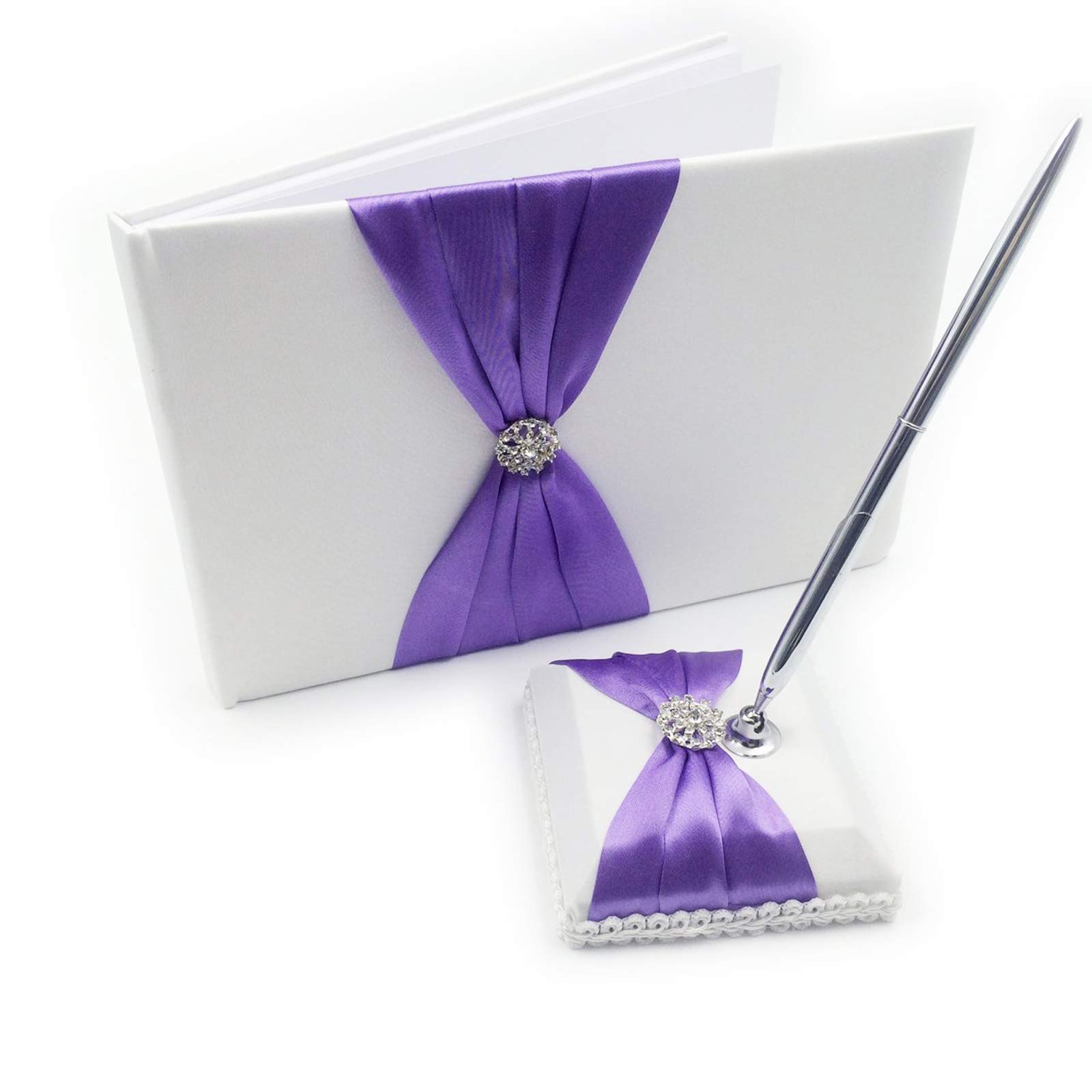 Livre d'or mariage satin avec support de stylo et broche pour signatures parfaites