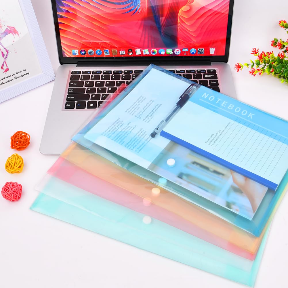 Vicloon Carpetas Para Archivo, 20Pcs Carpetas de Plástico A4 Bolsas de Documentos con Botón para Documentos, Certificados, Recibos, Oficina y Escolar, 5 Colores