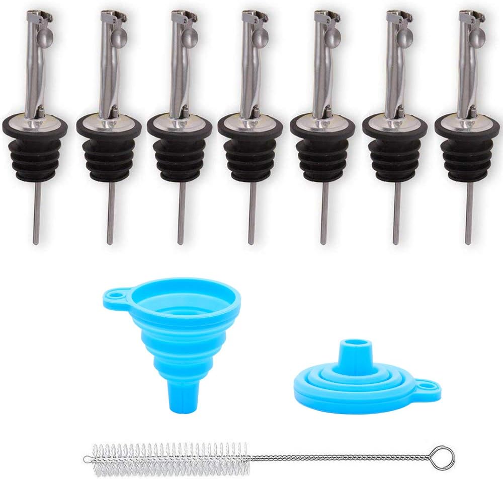 Legerm 7 Piece Bottle Pourers for Spirits, Stainless Steel Speed Pourers with Funnel - Leakproof Speed Pourer Nozzles for 3/4" Bottles | Universal for Olive Oil, Vinegar & Liquor