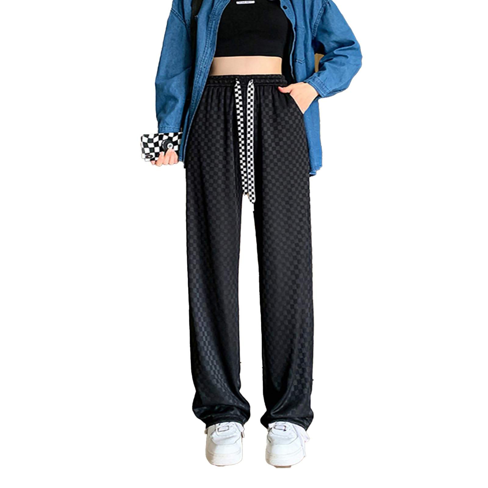 Black Checkered Pants Women Contrast Drawstring Casual Gingham Trousers Loose Fit Wide Leg Bottoms High Waist Plaid Sweatpants