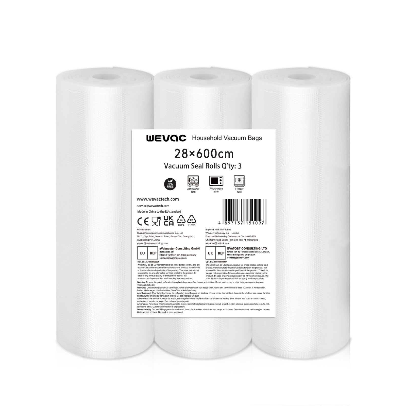 Wevac Lite 3 Packs Food Vacuum Sealer Rolls Bags, 28 x 600cm Extra-Wide Sous Vide Bags, Freezer-Safe, Longer Freshness for Meal Prep (Total 18m)