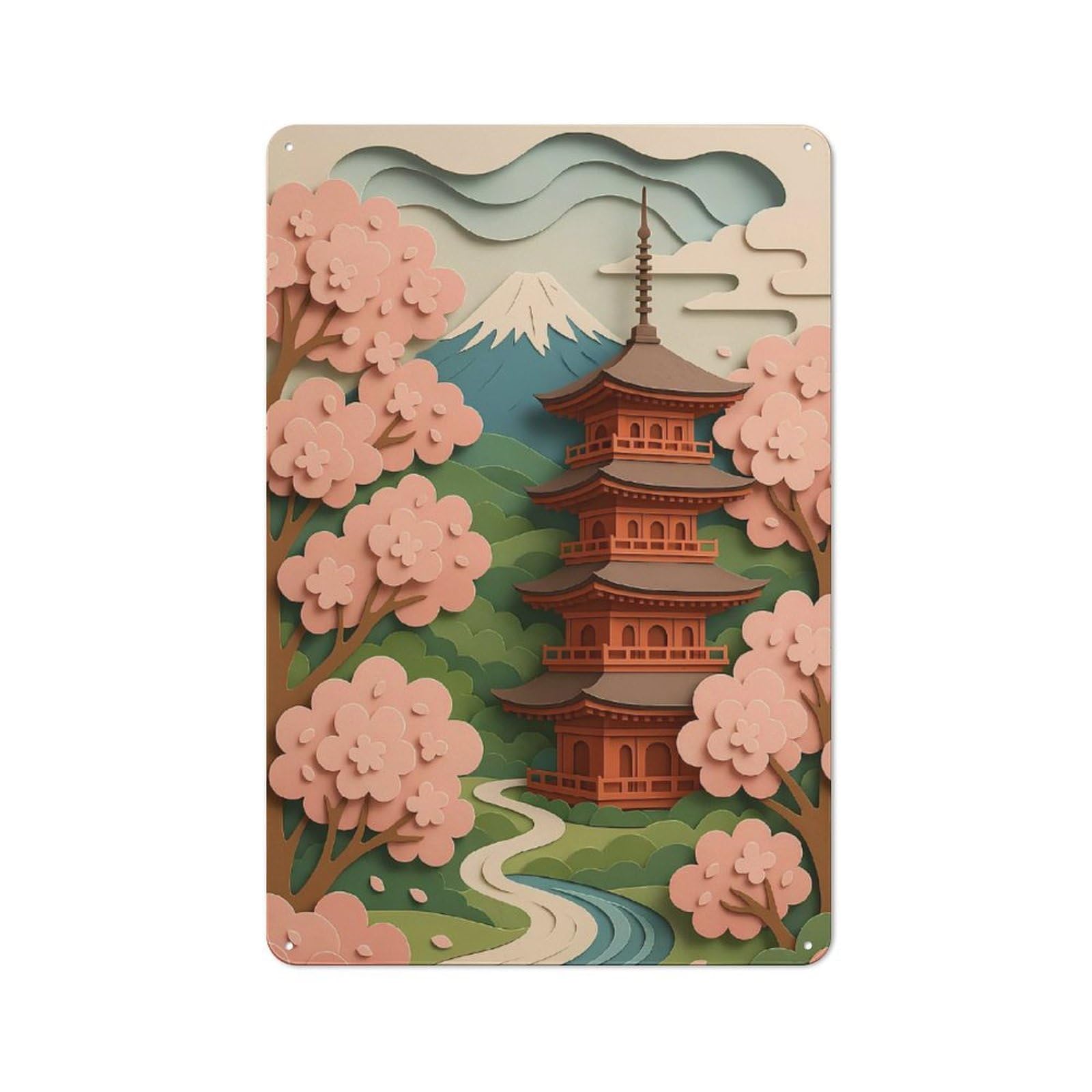 Junmoney Japanese Pagoda With Cherry Blossoms Tin Sign 30X20cm With For Living Room Wall, Rustic Decor, For Living Room Decor Lovers