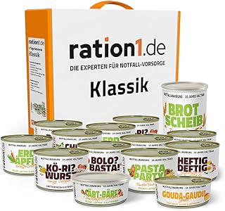ration1 Notration Fertigessen, Emergency Food 10 Jahre haltbar, Nudeln, Currywurst, Kartoffeln, Hähnchen Curry, Brot, Gouda, Aufstrich Erdbeere, Notfallnahrung, Outdoor, Camping, Trekking, Survival