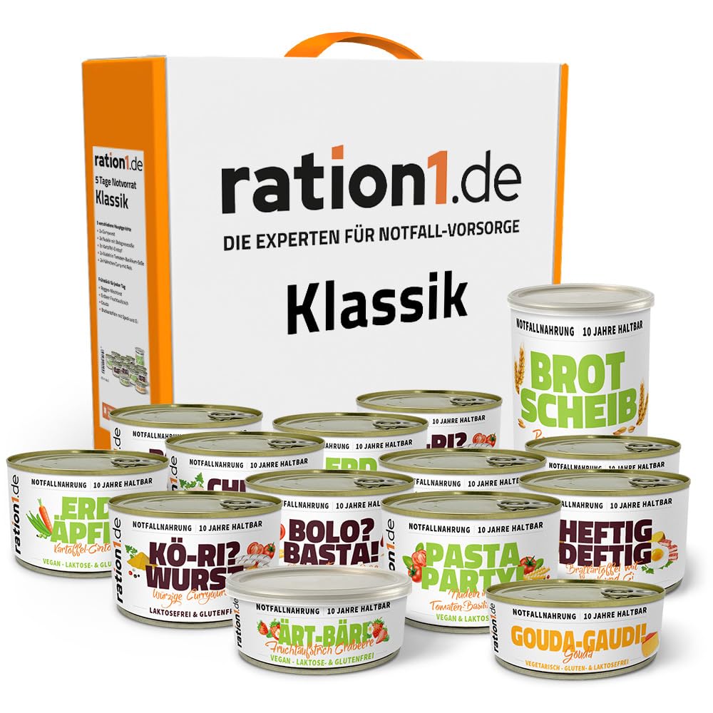 ration1 Notration Fertigessen Set, Notfallnahrung 10 Jahre haltbar | Nudeln, Currywurst, Kartoffeln, Hähnchen Curry, Brot mit Gouda und Erdbeer Aufstrich für Outdoor, Camping, Trekking, Survival