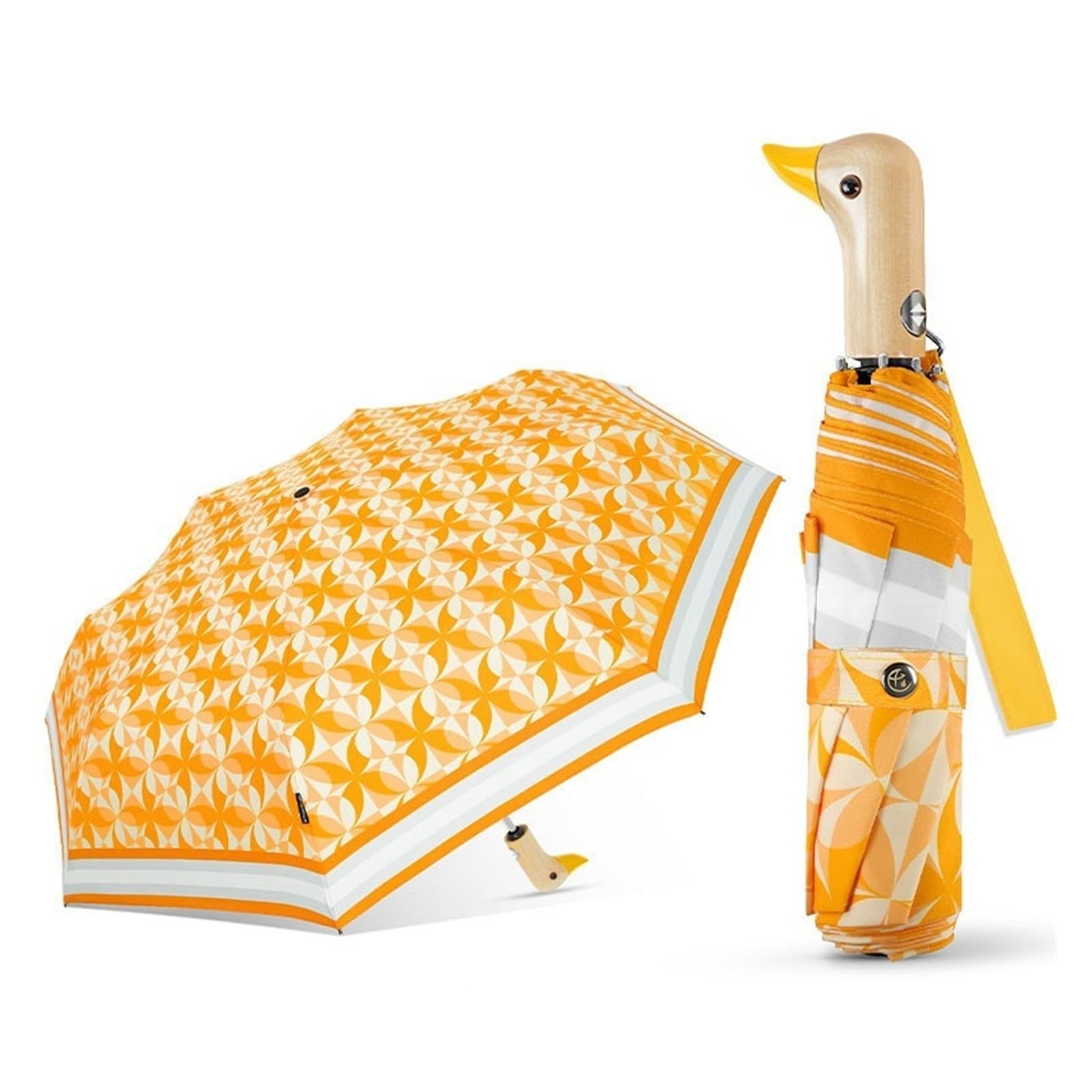 Kortran 1 Compact Duck Head Umbrella, Automatic Creative Wooden Handle Duck Umbrella, Ultra-light Folding, Women's, Windproof(Yellow Orange)