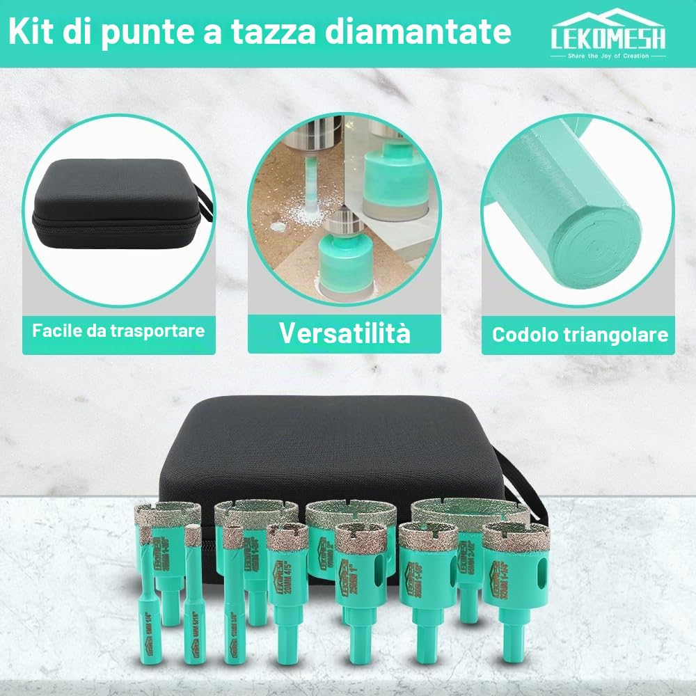 Punte Diamantate per Piastrelle - 11 pezzi (6/8/10/20/25/28/32/35/45/50/65mm) Seghe a Tazza Diamantata per Gres Porcellana Ceramica, Gambo Triangolare