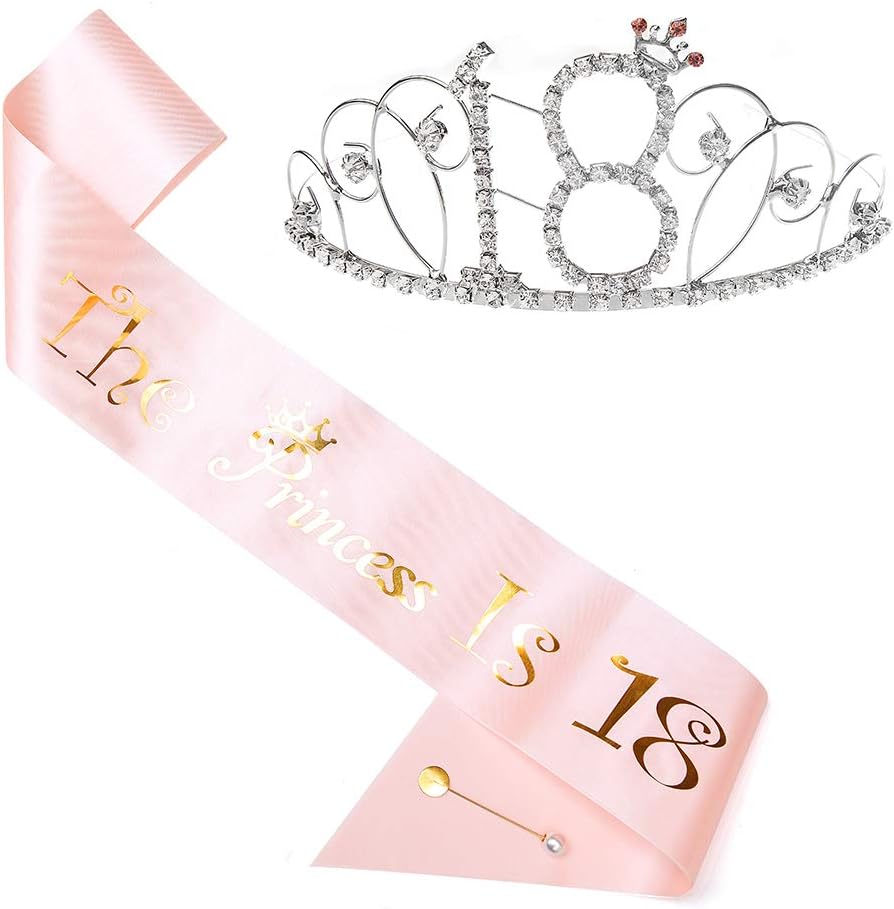 18th Birthday Party Supplies, 18th Birthday Tiara and Sash, Happy 18th Birthday Party Supplies,ย Sweet 18 Sash & Rhinestone Tiara Kit