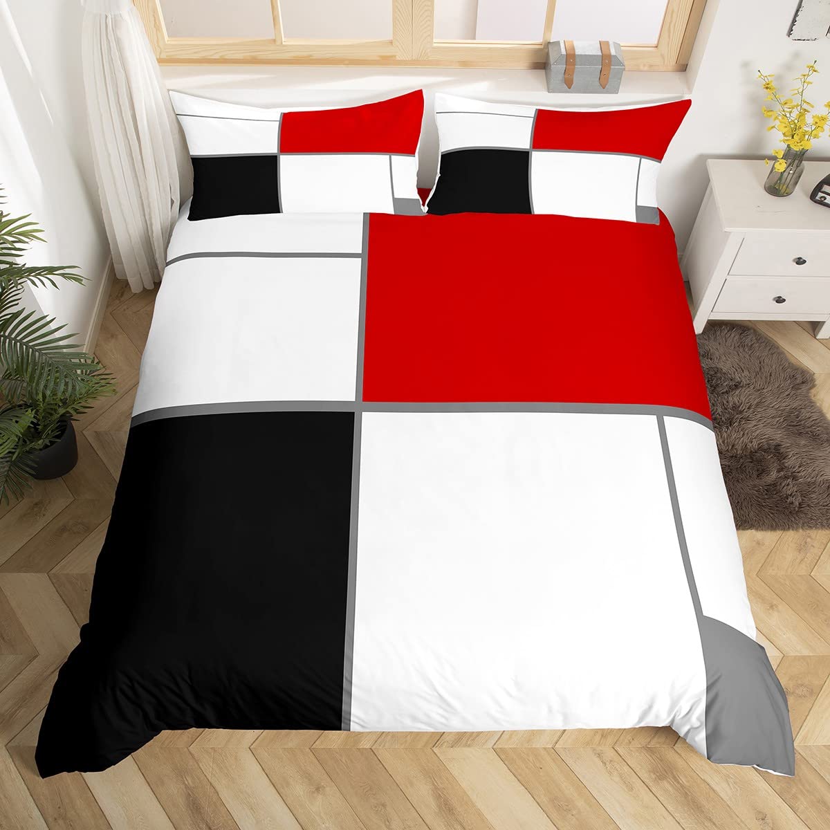 Red Black White Plaid Bedding Duvet Cover Set Modern Abstract Square Geometric Bedding Set Women Men Stripe Line Decor Comforter Cover Set Microfiber Bedspread Cover Double with 2 Pillow Case