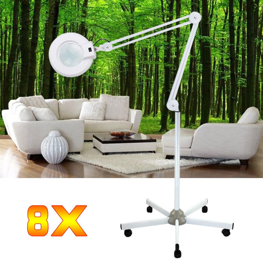 LED Lupenleuchte, 8 Dioptrien Lupe mit Licht - Dimmbar Tischklemme Lampe 24W mit Ständer und Rädern, 8X Lupenleuchte Kosmetik Lampe Lupenlampe Arbeitsplatzlampe -Weiß