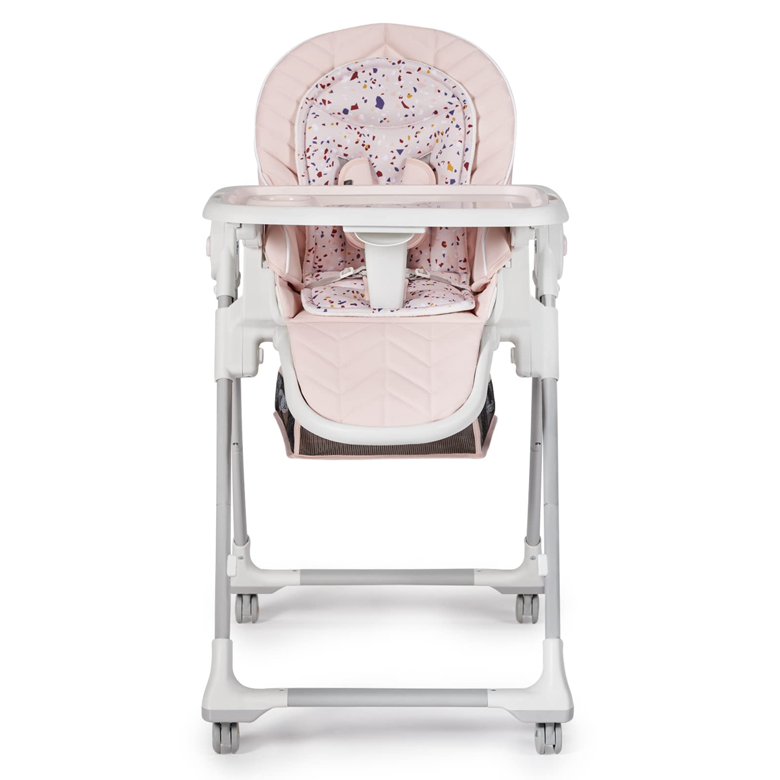 Kinderkraft LASTREE Trona Bebé de madera evolutiva plegable, Hamaca para bebés con Arco 2 juguetes, Asiento reposapiés ajustable, Posición tumbada, Rosa