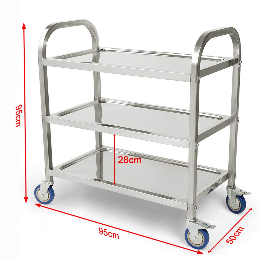 Carros de Servicio de 3 Niveles, Carro Grande de Acero Inoxidable con Rruedas Universales para Cocina/Hotel/Restaurantes/Hogar de Atención (Acero Inoxidable, 95x55x95cm)