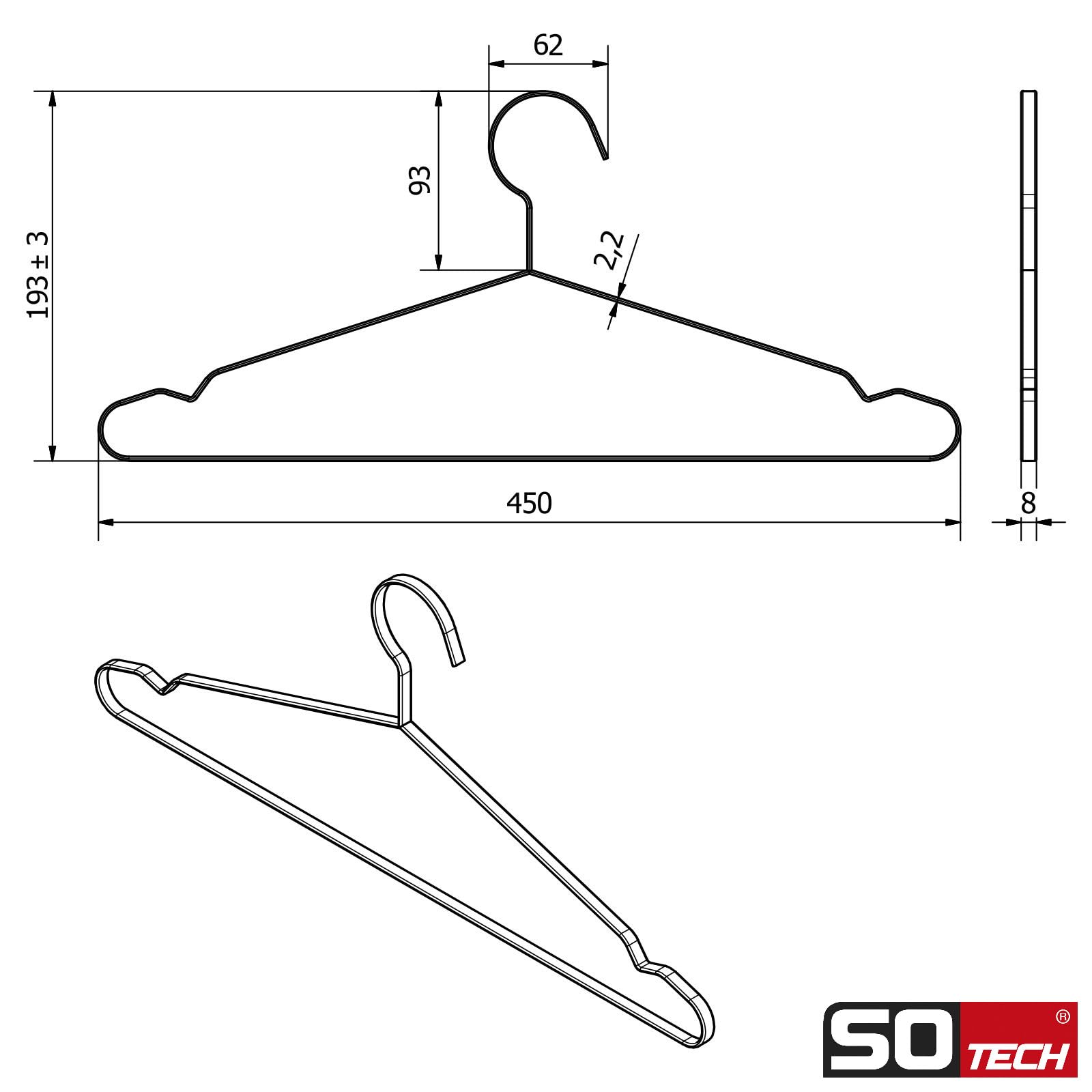 SOTECH 10er Set Design Kleiderbügel Edelstahl gebürstet (SS201) 450 x 193 mm Flachprofil: 8 x 2,5 mm mit Antirutsch-Nut Hemdenbügel für Kleiderschränke und Garderoben