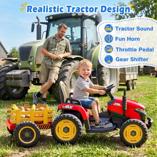 Image of ARBELI 24V Ride On Tractor w /2.4G Remote Control, Tiltable Trailer, Red