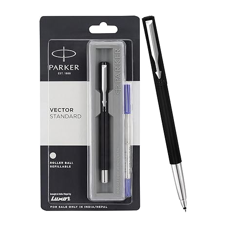 Parker Vector Standard Chrome Trim Roller Ball Pen| Black Body Color| Ink Color - Blue | For Employees | Perfect For Professional Use