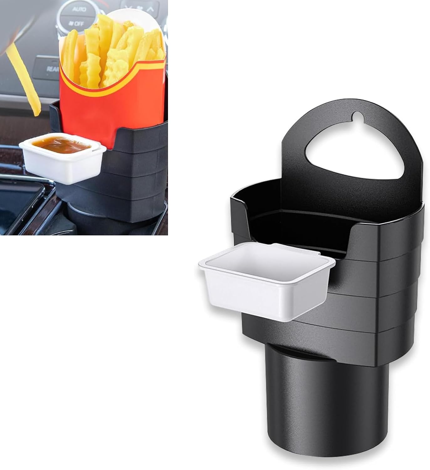 Car French Fry Holder, Plastic French Fries Storage Box with Dipping Sauce Cup, Multifunctional Center Console Organizer, Universal for Most Most Cars, Trucks (Black)