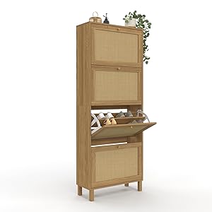 IDMarket – Mueble para zapatos de 24 pares Vintage HANAE 4 puertas efecto natural cannage