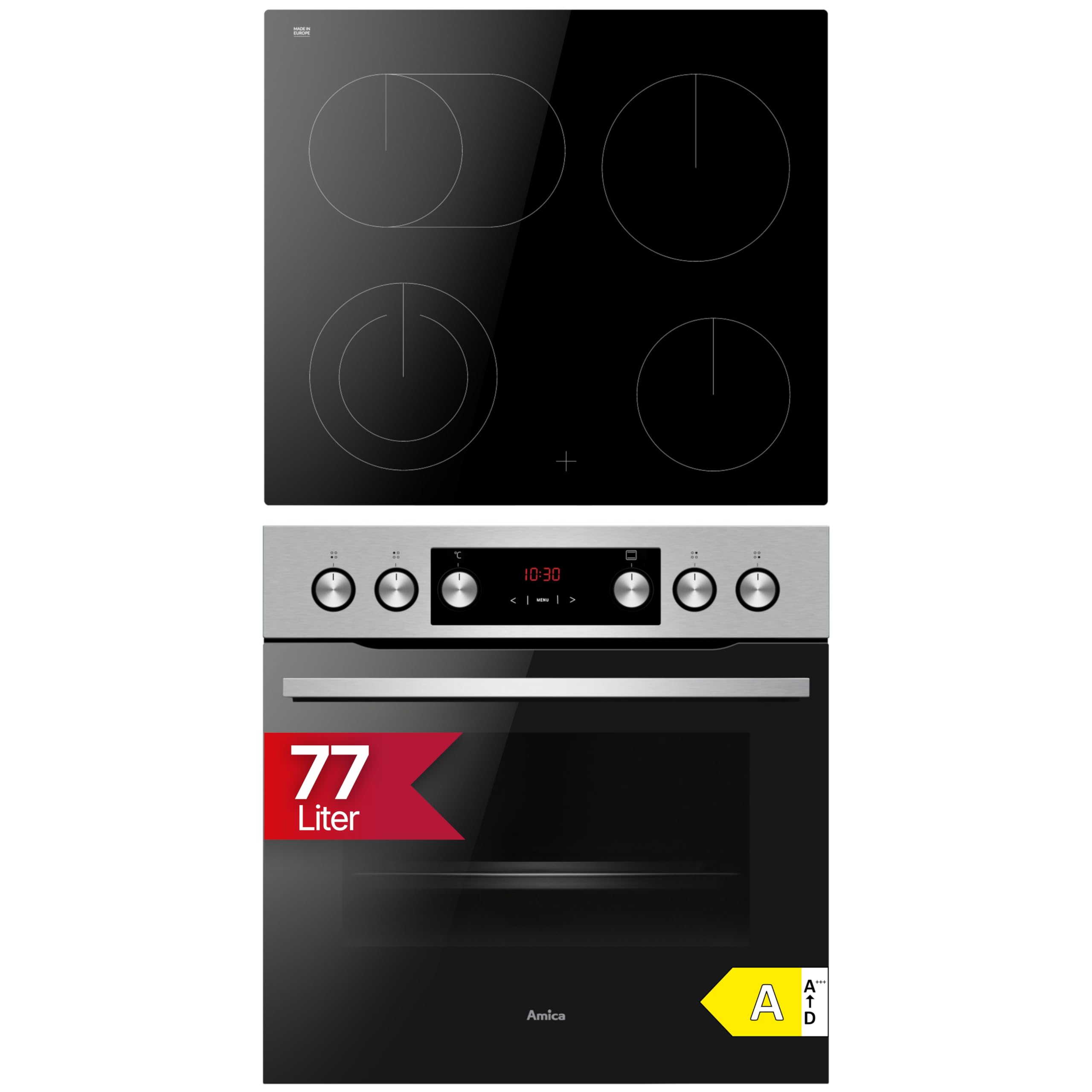 Amica Einbauherd Set 60 x 56 x 56 cm 77 l XXL Großbackofen 11 Backofenfunktionen 4 Kochzonen CoolDoor3 SoftClose ACHE 9340 E – einbauherd mit rahmenlos Glaskeramik-Kochfeld edelstahl