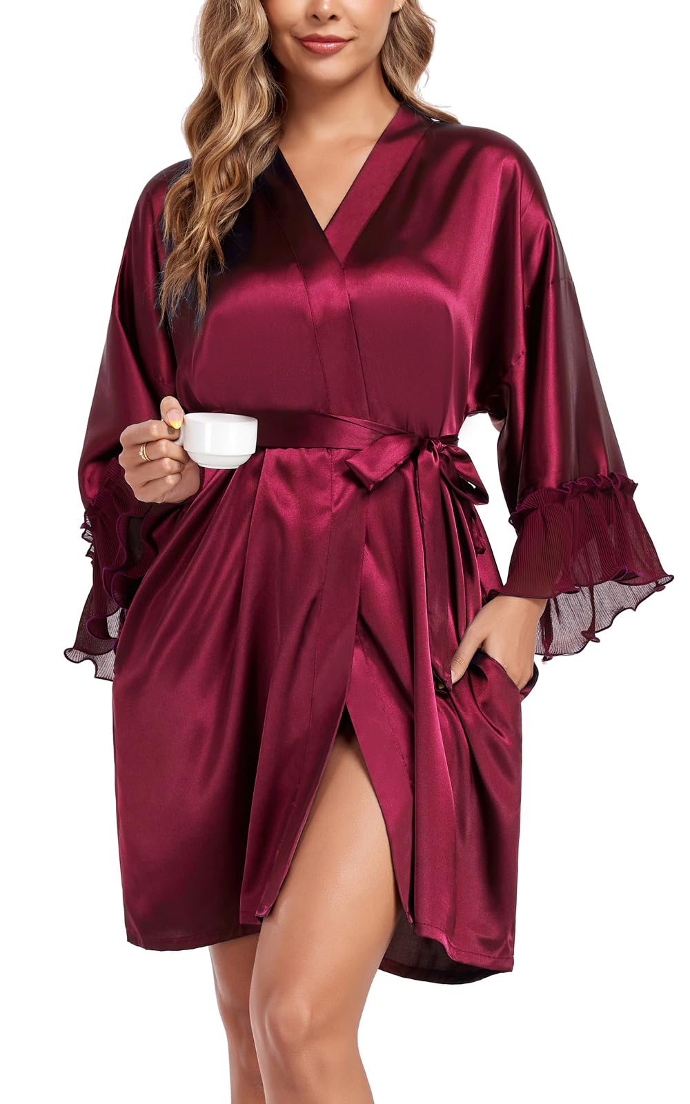 Womens Short Satin Robes Lightweight Kimono Bathrobe Ruffle Hem Bride Bridesmaids Wedding Party Sleepwear