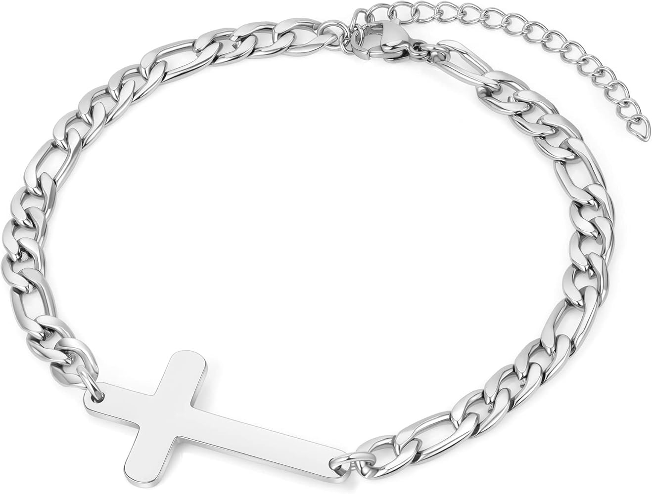 Ailetop Silver Cross Bracelet for Men Teens, Stainless Steel Cuban