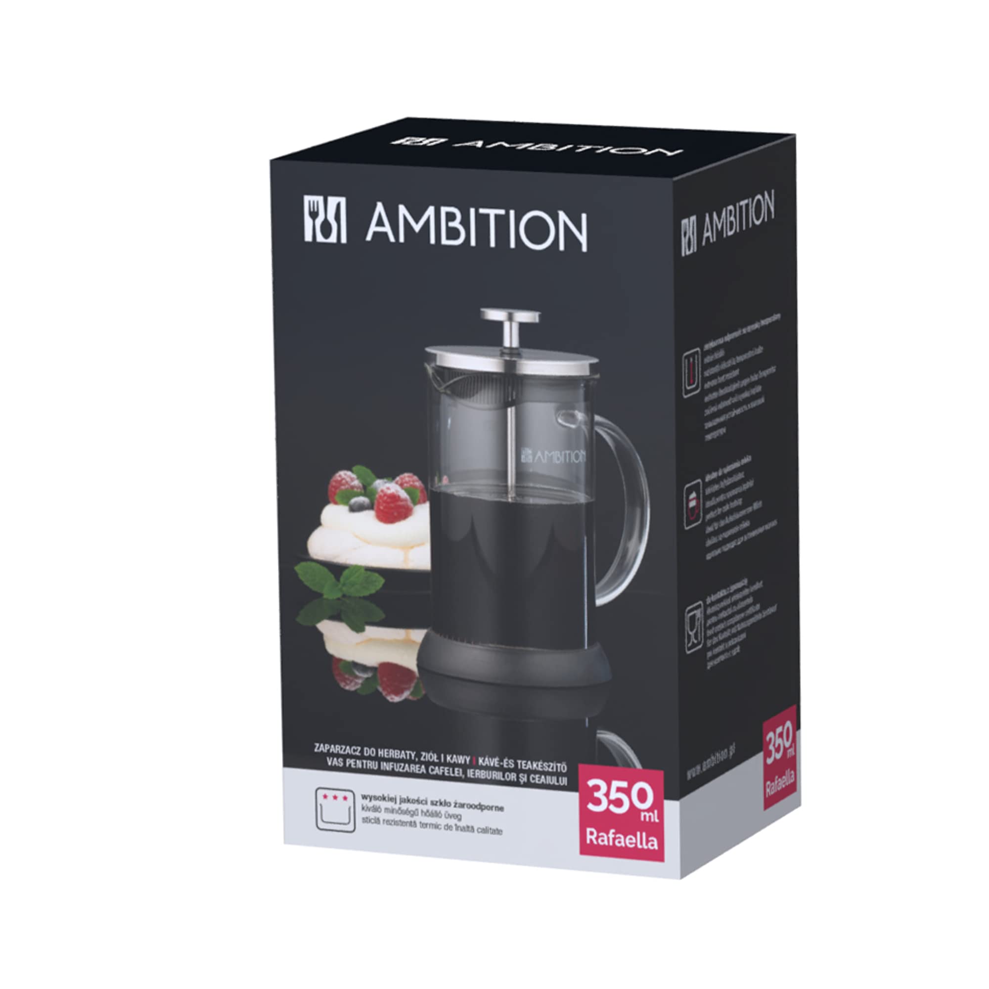 AMBITION French Press 0,35 l szkło borokrzemowe zaparzacz do kawy 1 filiżanka sitko ze stali nierdzewnej drobne oczka uchwyt szklany prosty design Rafaella