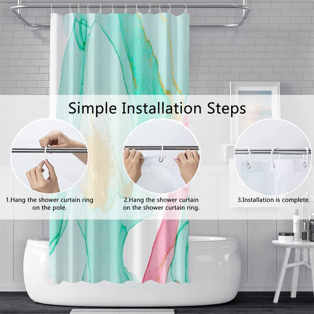 Tenda Doccia Effetto Marmo Verde - 180x180cm Antimuffa Con 12 Ganci, Poliestere Lavabile - Foto 2