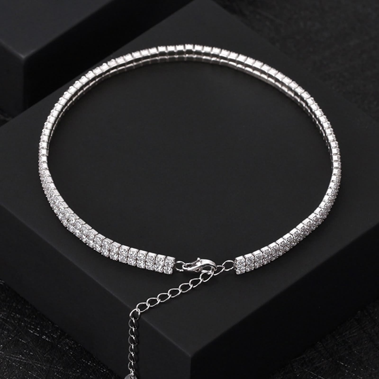 Tobillera de plata para mujer, tobillera de plata de ley 925, cadena de tenis de 2 capas, tobillera bohemia para mujer con circonita cúbica blanca redonda, Plata de ley, Circonita cúbica