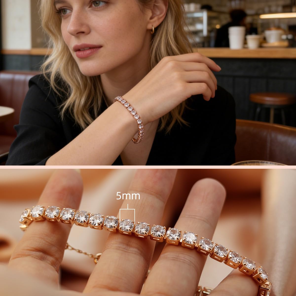 FEIKFEIZ Moissanit Tennisarmband, 5 mm Labor gezüchtete Moissanit-Diamanten, 18K rosévergoldet, verstellbares Damen-Armband in Gold, Schmuckgeschenk.