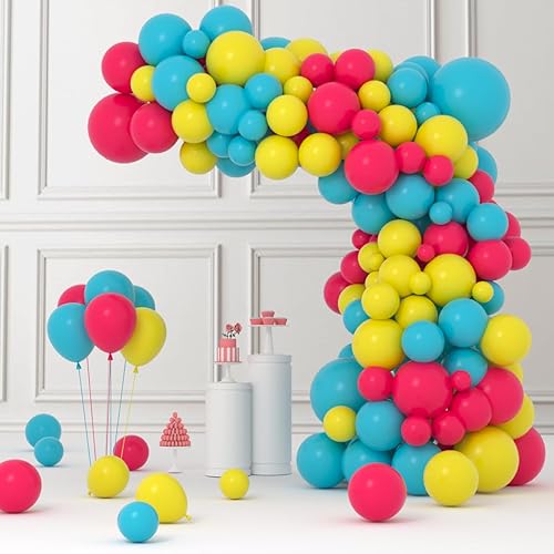 Kit de arco de guirnalda de globos de color rosa intenso, verde azulado, azul, amarillo, 122 unidades, turquesa, azul, rosa, rojo, amarillo, para