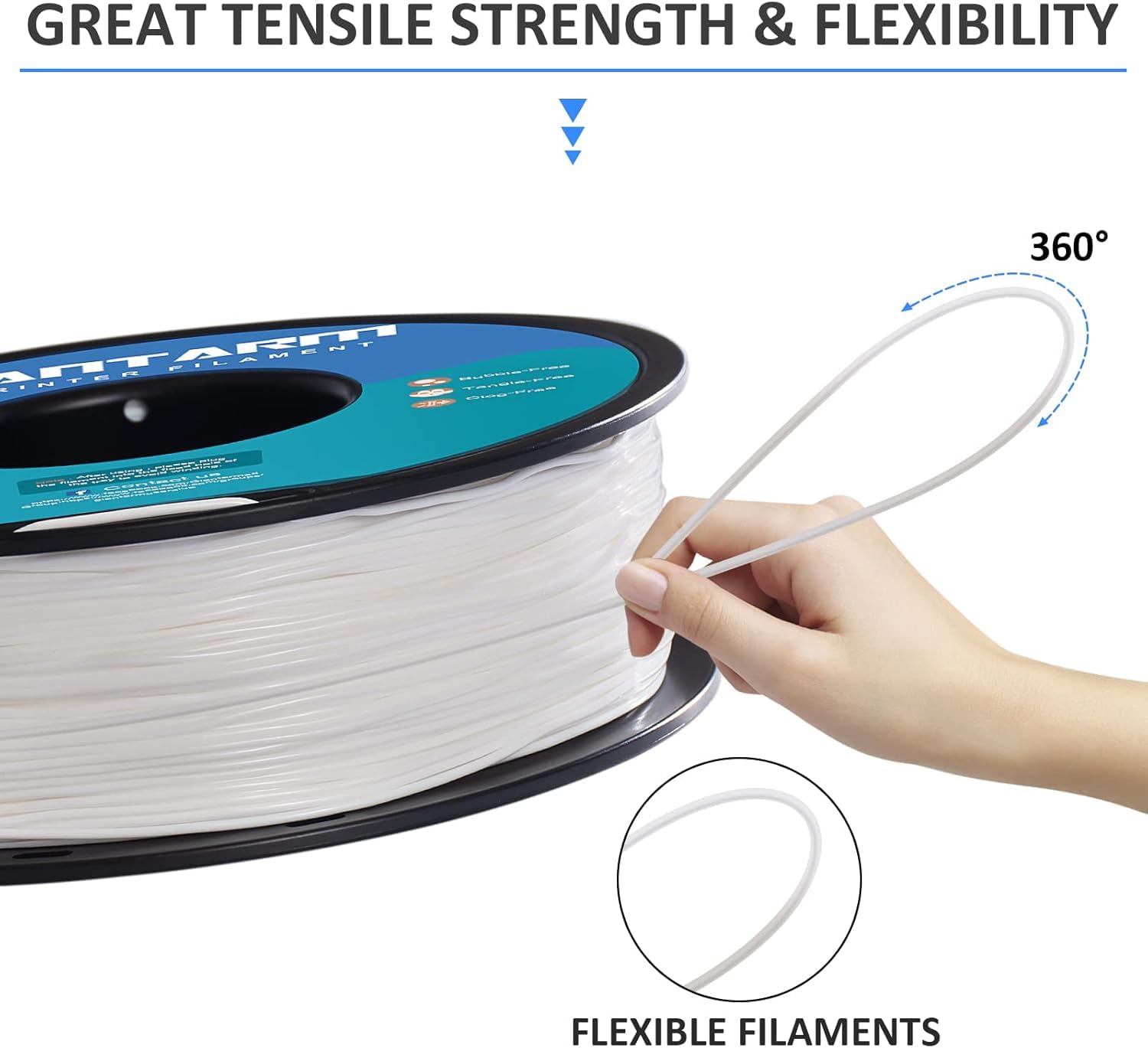 TPU Filamento per stampante 3D, Filamento TPU GIANTARM 1,75 mm, precisione dimensionale +/- 0,02 mm,1 kg, Bianco