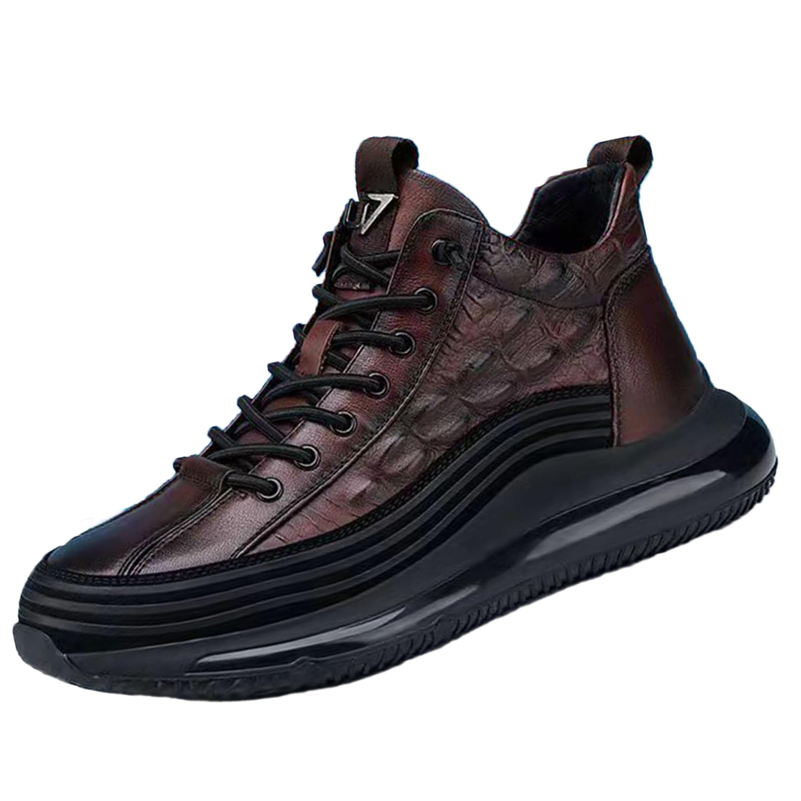 RiceelSor Men's Crocodile Pattern Leather Sneakers Slip-on Casual Air Cushion Elastic Waterproof Non-Slip High-Top Height Lifting Comfortable Shoes 45 EU Brown